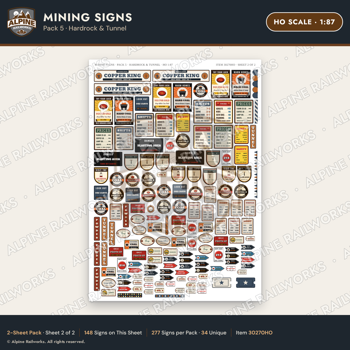 Alpine Railworks 30270HO HO Scale Mining Signs - Hardrock & Tunnel