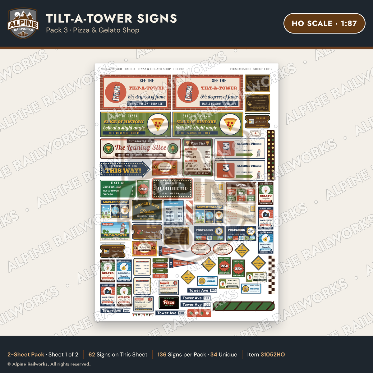 Alpine Railworks 31052HO HO Scale Roadside Signs - Leaning Tower