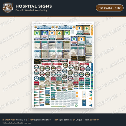 Alpine Railworks 30328HO HO Scale Hospital Signs - Wards & Wayfinding