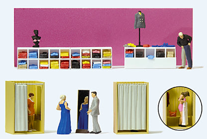 Preiser 10628 HO Scale Trying On Clothes -- Clothing Shop Interior