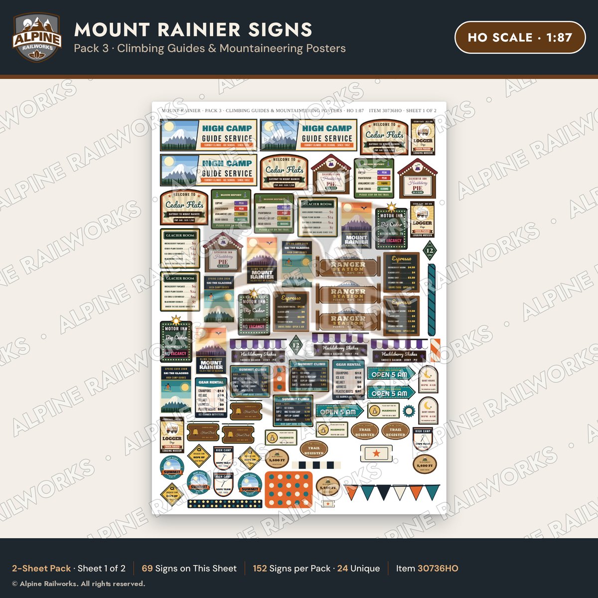 Alpine Railworks 30736HO HO Scale Tourist Signs - Mount Rainier