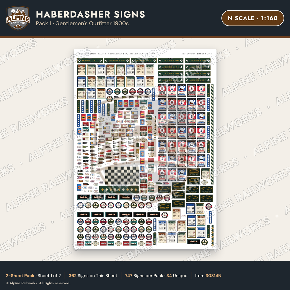 Alpine Railworks 30314N N Scale Haberdasher Signs
