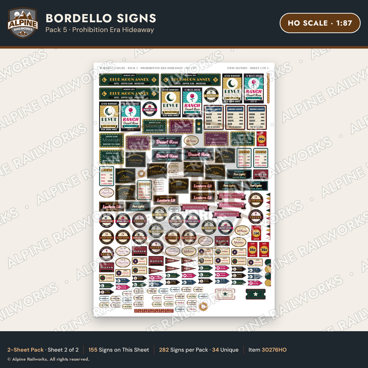 Alpine Railworks 30276HO HO Scale Bordello Signs