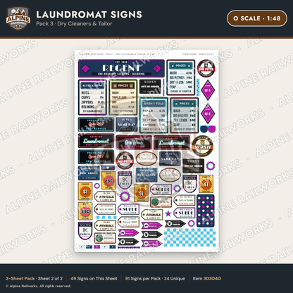 Alpine Railworks 30304O O Scale Laundromat Signs - Dry Cleaners