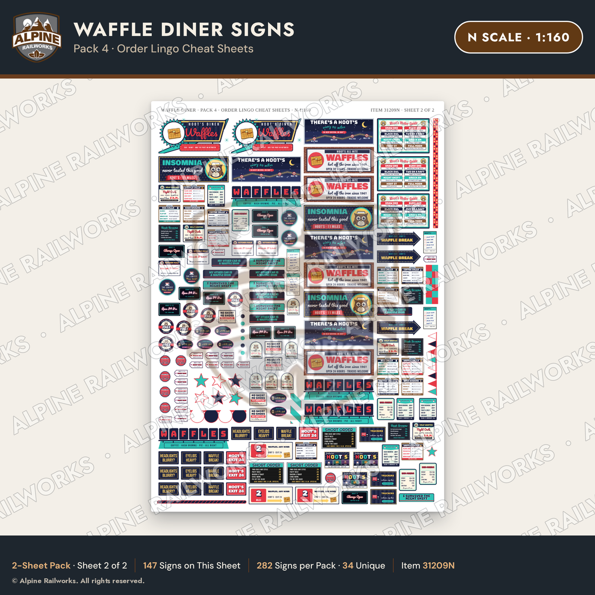 Alpine Railworks 31209N N Scale Waffle Diner Signs - Order Lingo