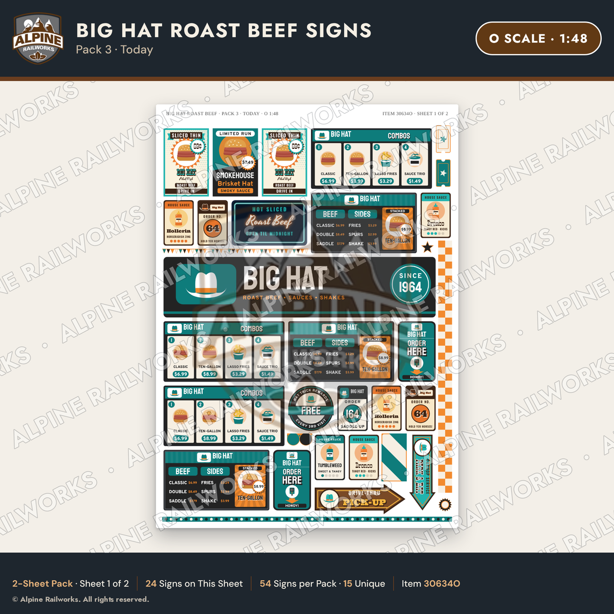 Alpine Railworks 30634O O Scale Fast Food Signs - Western Roast Beef