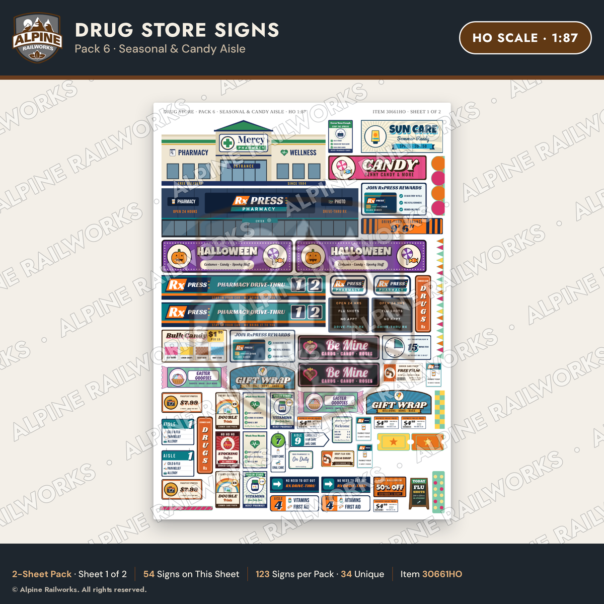 Alpine Railworks 30661HO HO Scale Drug Store Signs - Seasonal