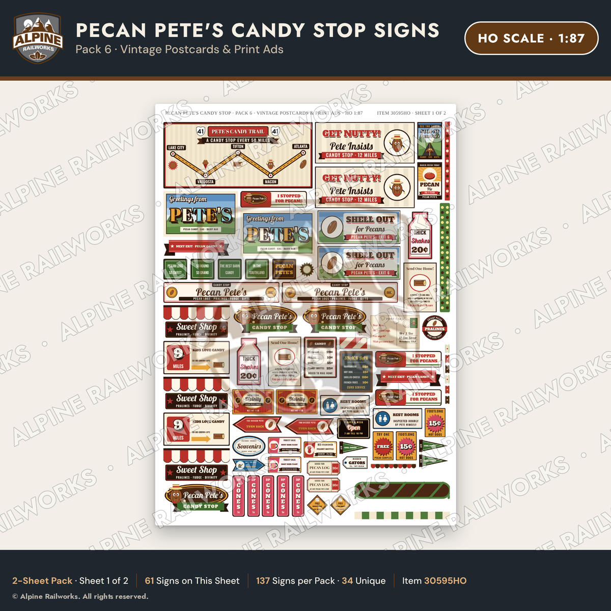 Alpine Railworks 30595HO HO Scale Roadside Signs - Pecan Candy Stop