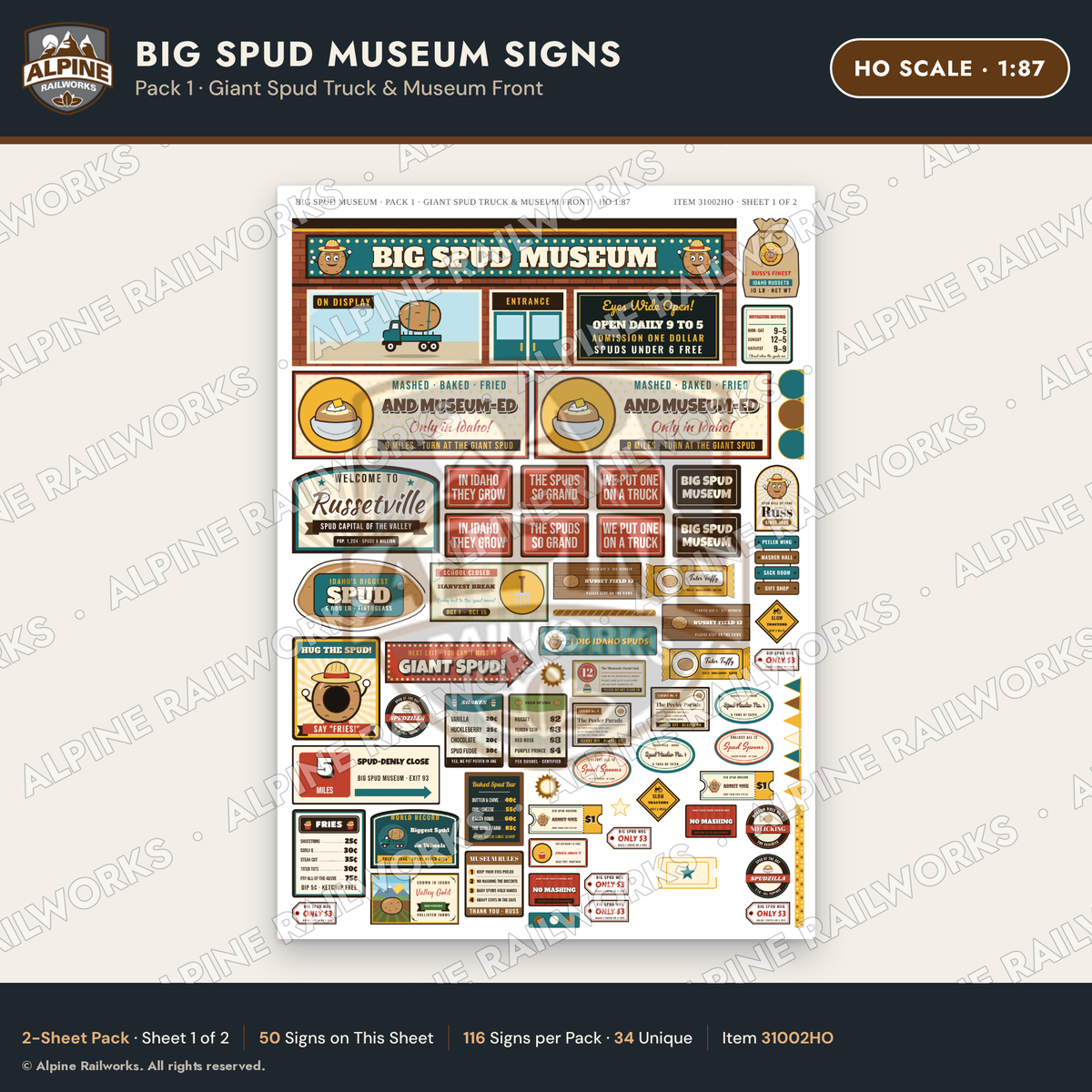 Alpine Railworks 31002HO HO Scale Roadside Signs - Potato Museum