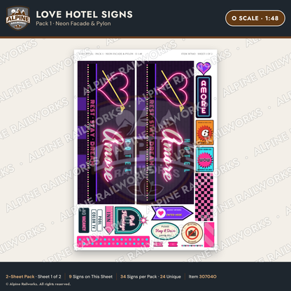 Alpine Railworks 30704O O Scale Love Hotel Signs - Neon Facade & Pylon