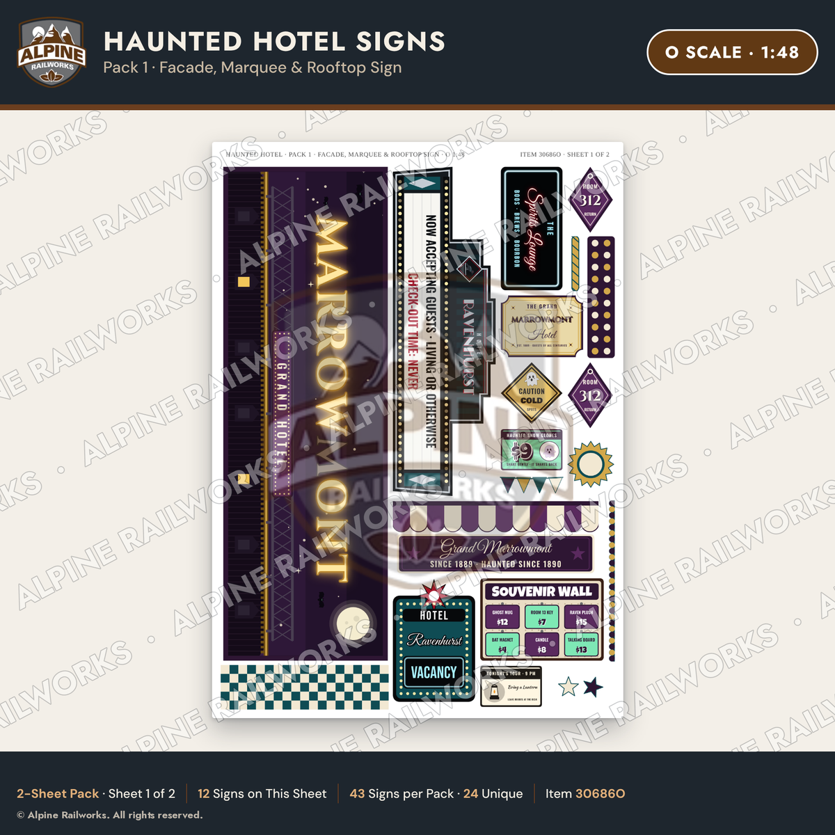 Alpine Railworks 30686O O Scale Haunted Hotel Signs - Facade & Marquee