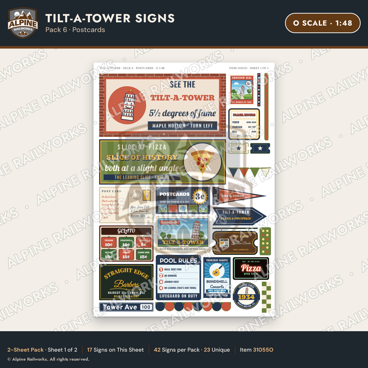 Alpine Railworks 31055O O Scale Roadside Signs - Leaning Tower