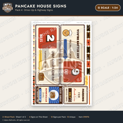 Alpine Railworks 31197G G Scale Pancake House Signs - Highway Signs