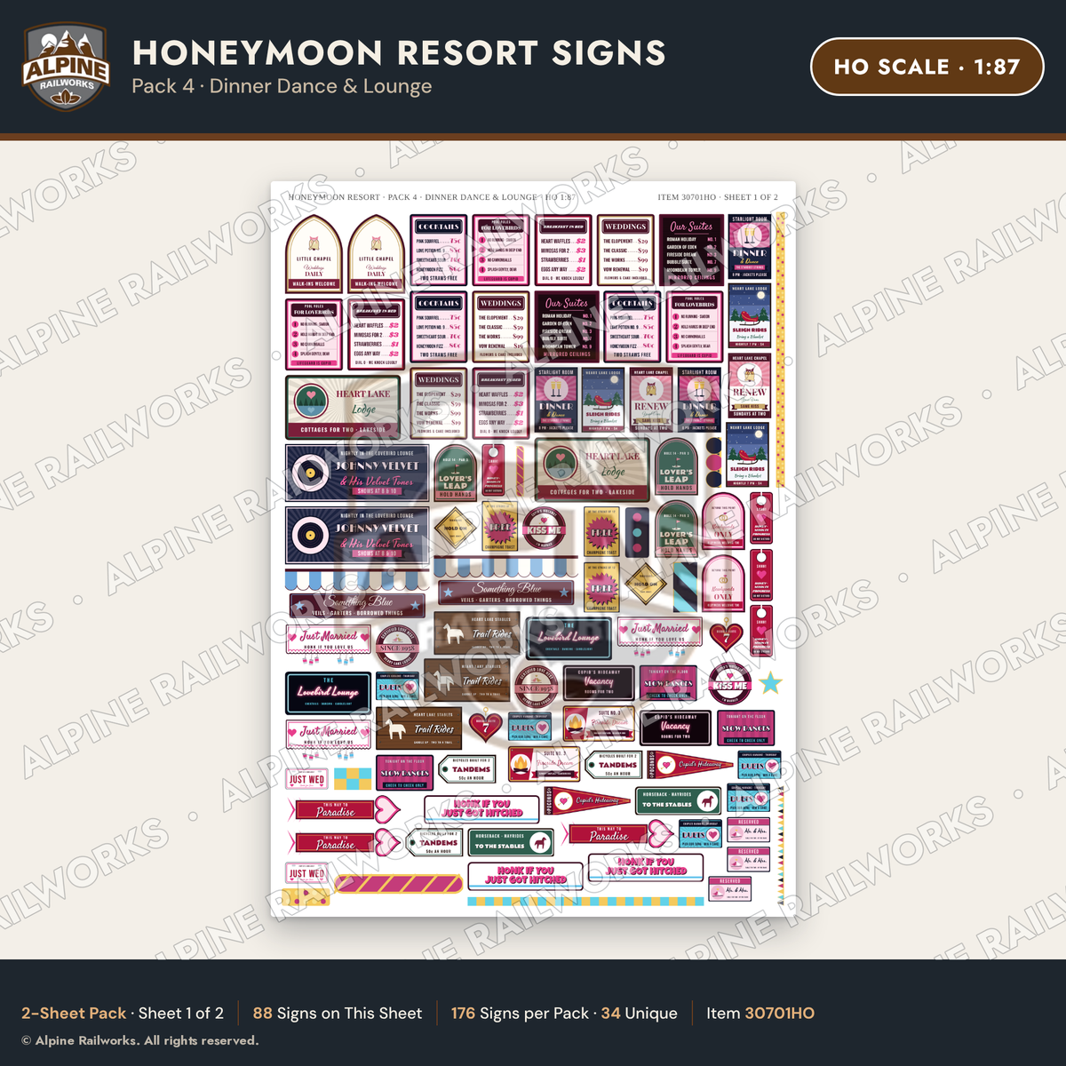 Alpine Railworks 30701HO HO Scale Honeymoon Resort Signs