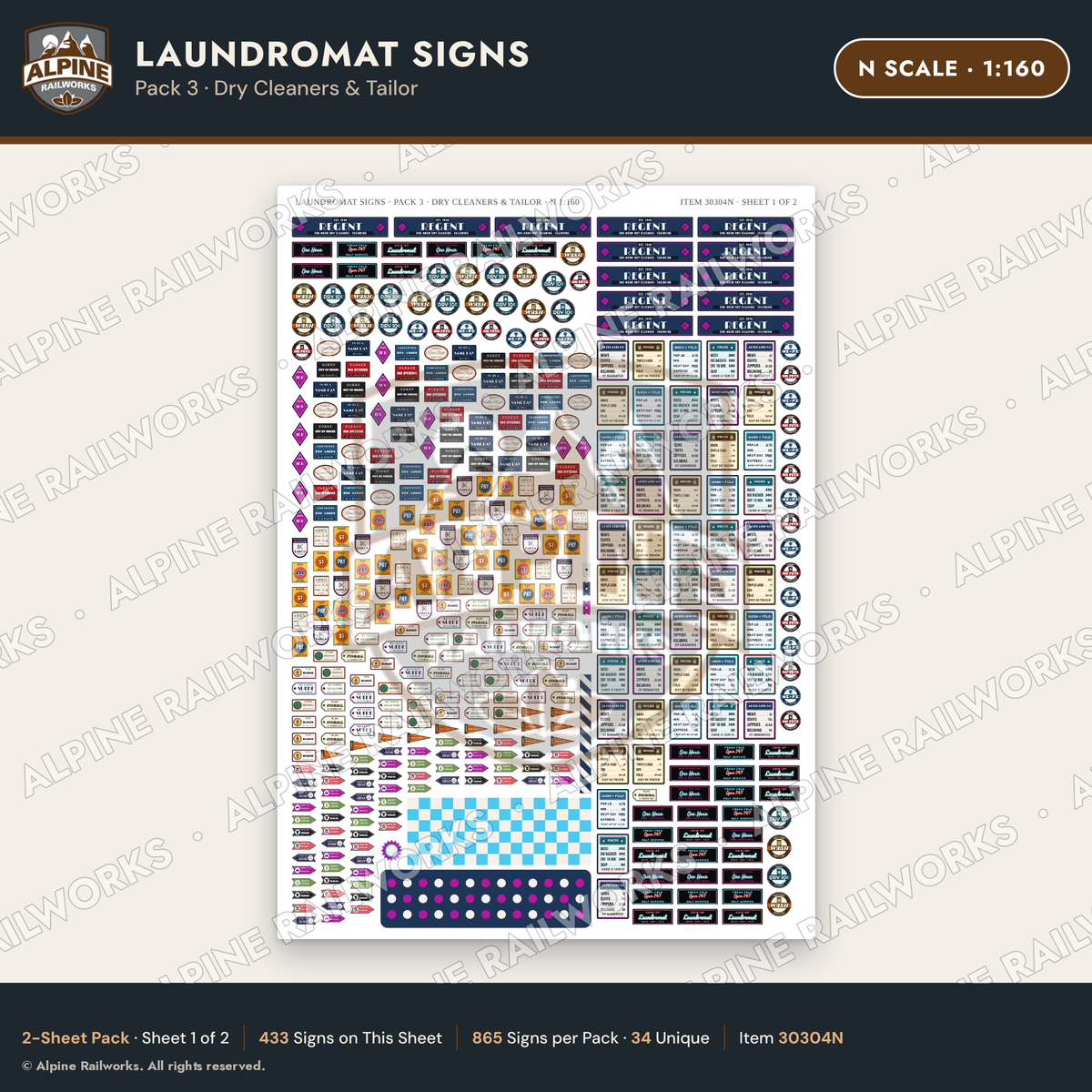 Alpine Railworks 30304N N Scale Laundromat Signs - Dry Cleaners