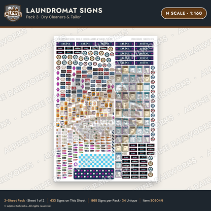Alpine Railworks 30304N N Scale Laundromat Signs - Dry Cleaners