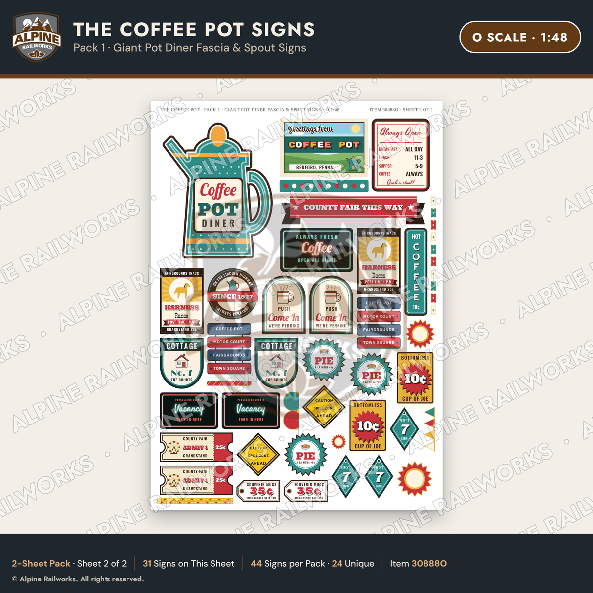 Alpine Railworks 30888O O Scale Roadside Signs - Coffee Pot Diner