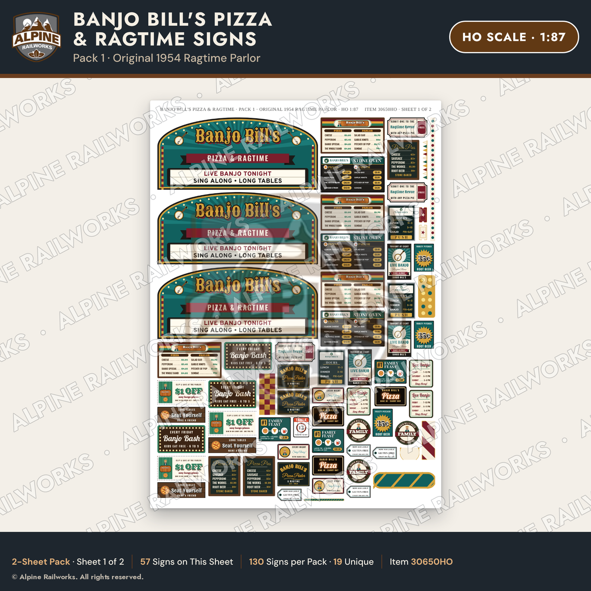 Alpine Railworks 30650HO HO Scale Restaurant Signs - Pizza Parlor