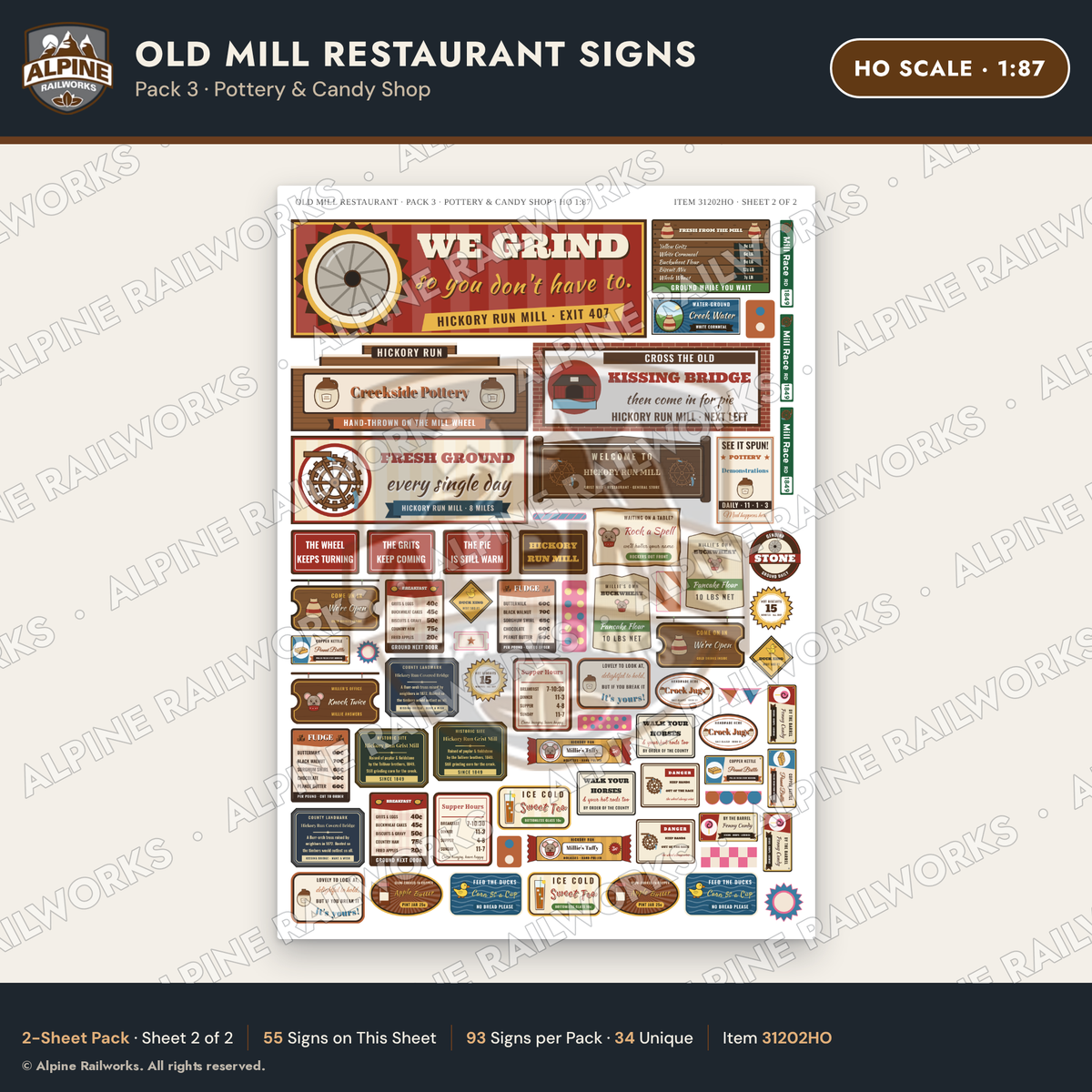 Alpine Railworks 31202HO HO Scale Old Mill Signs - Pottery & Candy