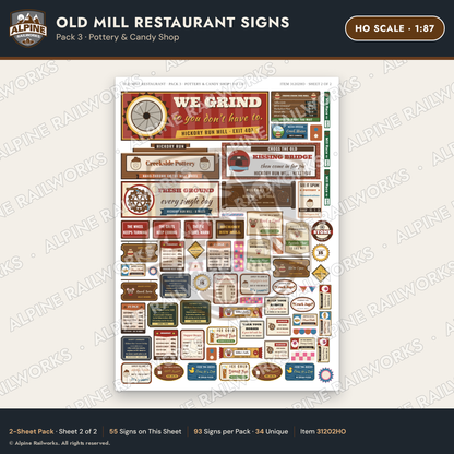 Alpine Railworks 31202HO HO Scale Old Mill Signs - Pottery & Candy