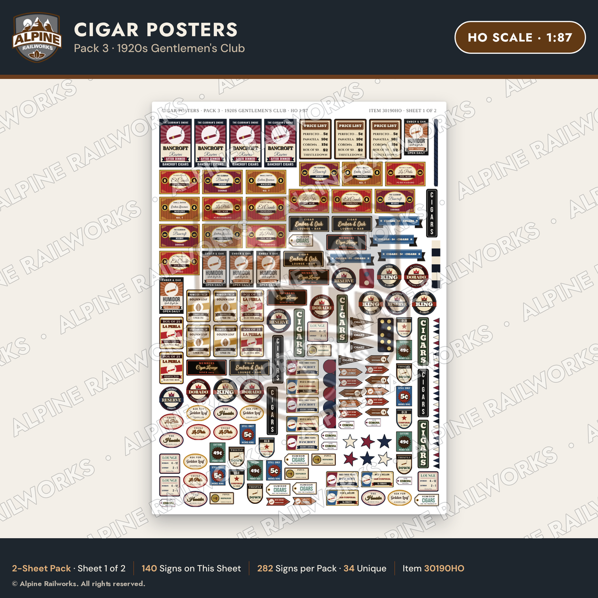 Alpine Railworks 30190HO HO Scale Cigar Posters - Gentlemen's Club
