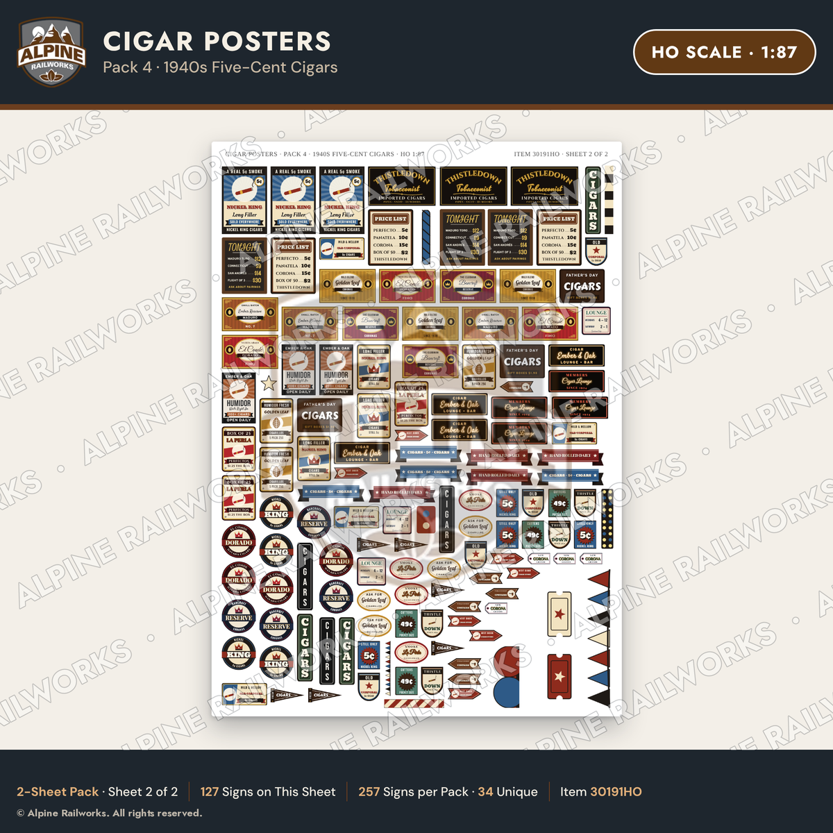 Alpine Railworks 30191HO HO Scale Cigar Posters - Five-Cent Cigars