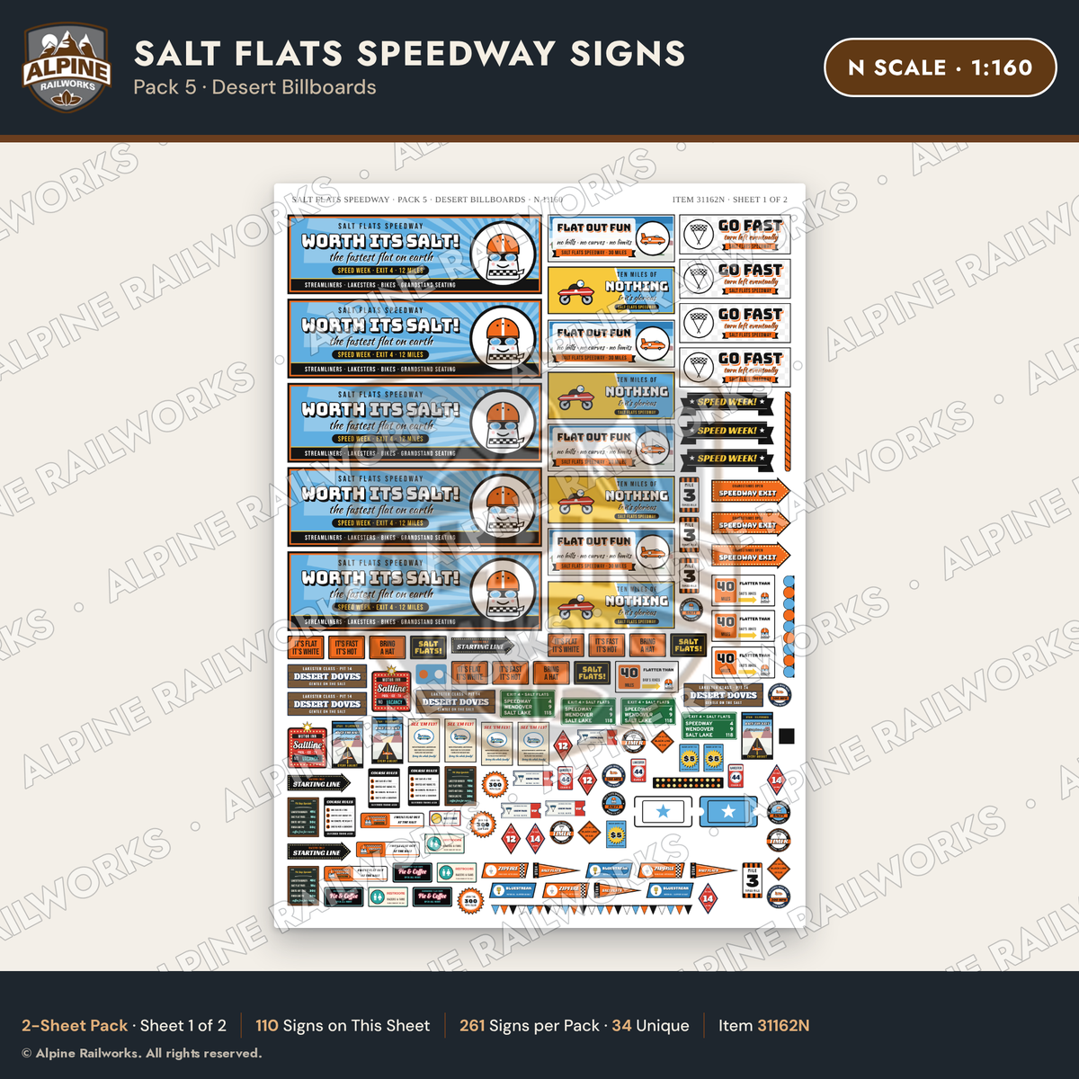 Alpine Railworks 31162N N Scale Racing Signs - Salt Flats Speedway