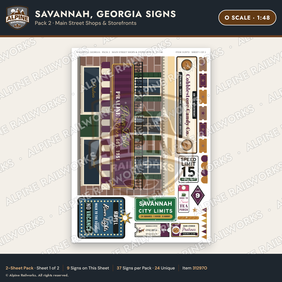 Alpine Railworks 31297O O Scale Savannah GA Signs - Main Street Shops