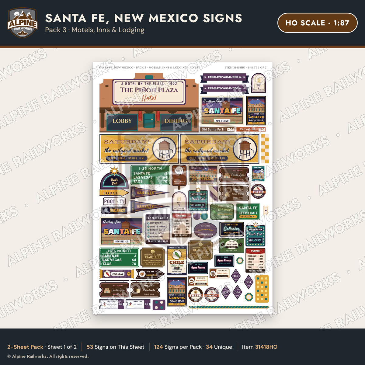 Alpine Railworks 31418HO HO Scale Santa Fe NM Signs - Motels & Inns