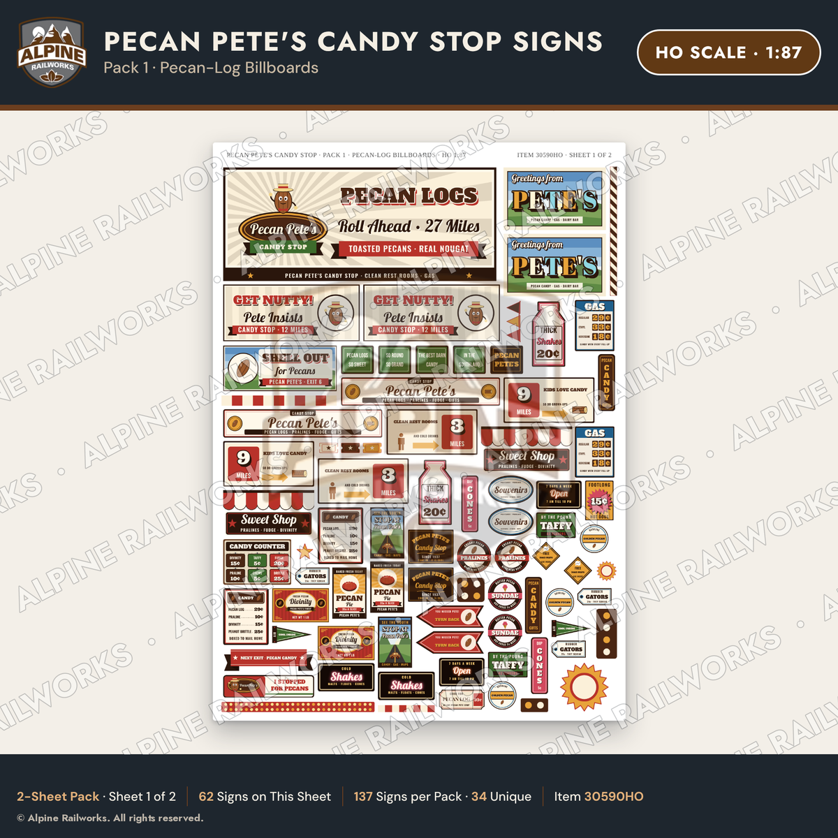 Alpine Railworks 30590HO HO Scale Roadside Signs - Pecan Candy Stop