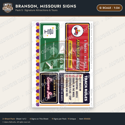 Alpine Railworks 31342G G Scale Branson MO Signs - Attractions & Tours