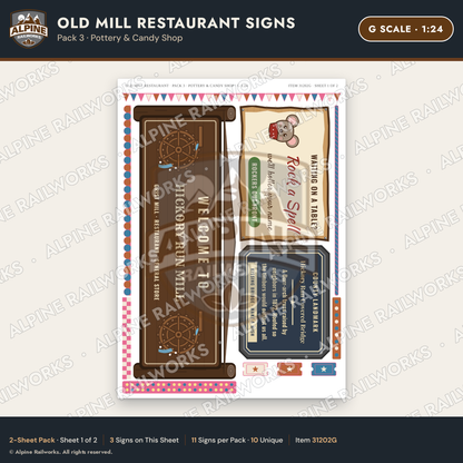 Alpine Railworks 31202G G Scale Old Mill Signs - Pottery & Candy Shop