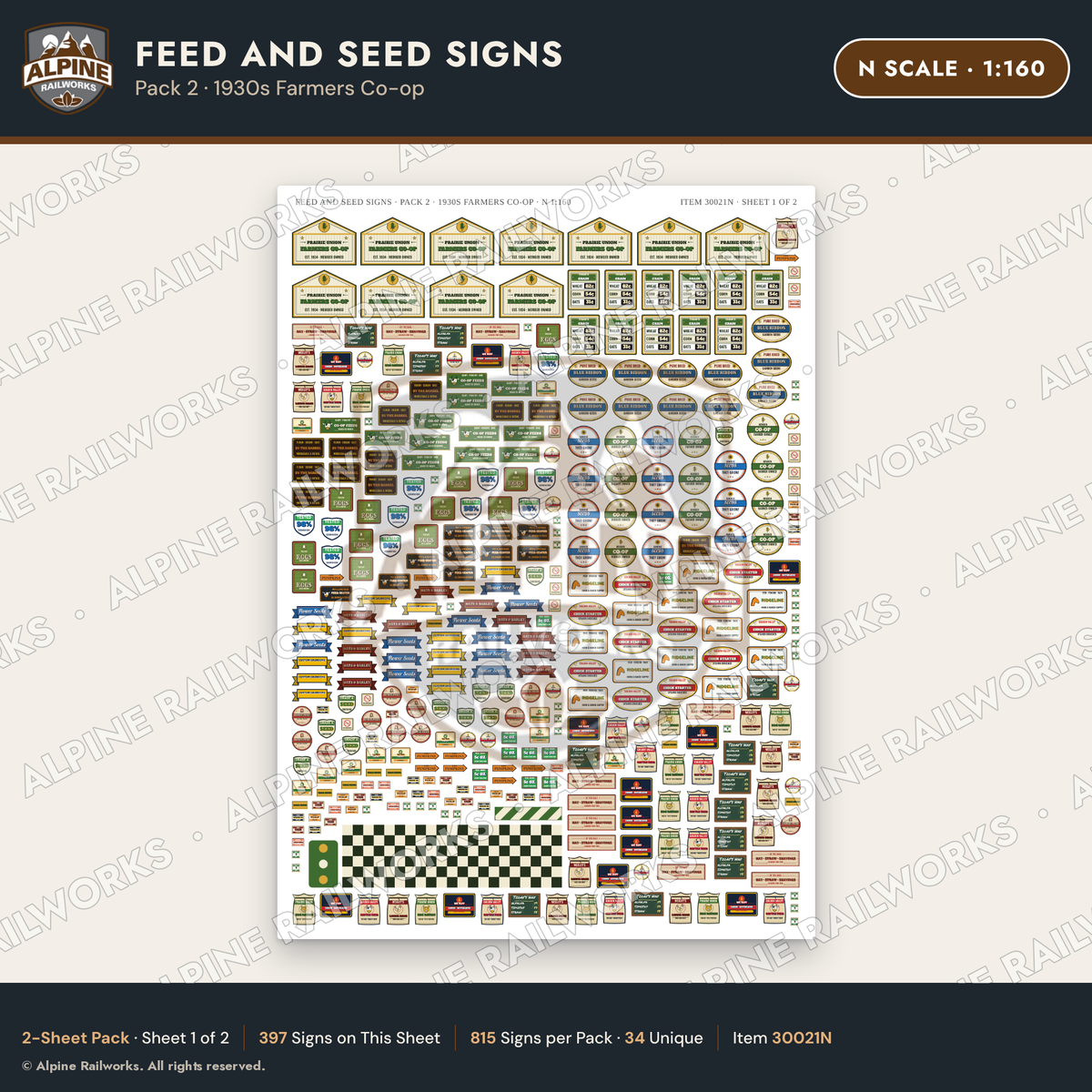 Alpine Railworks 30021N N Scale Feed and Seed Signs - Farmers Co-op