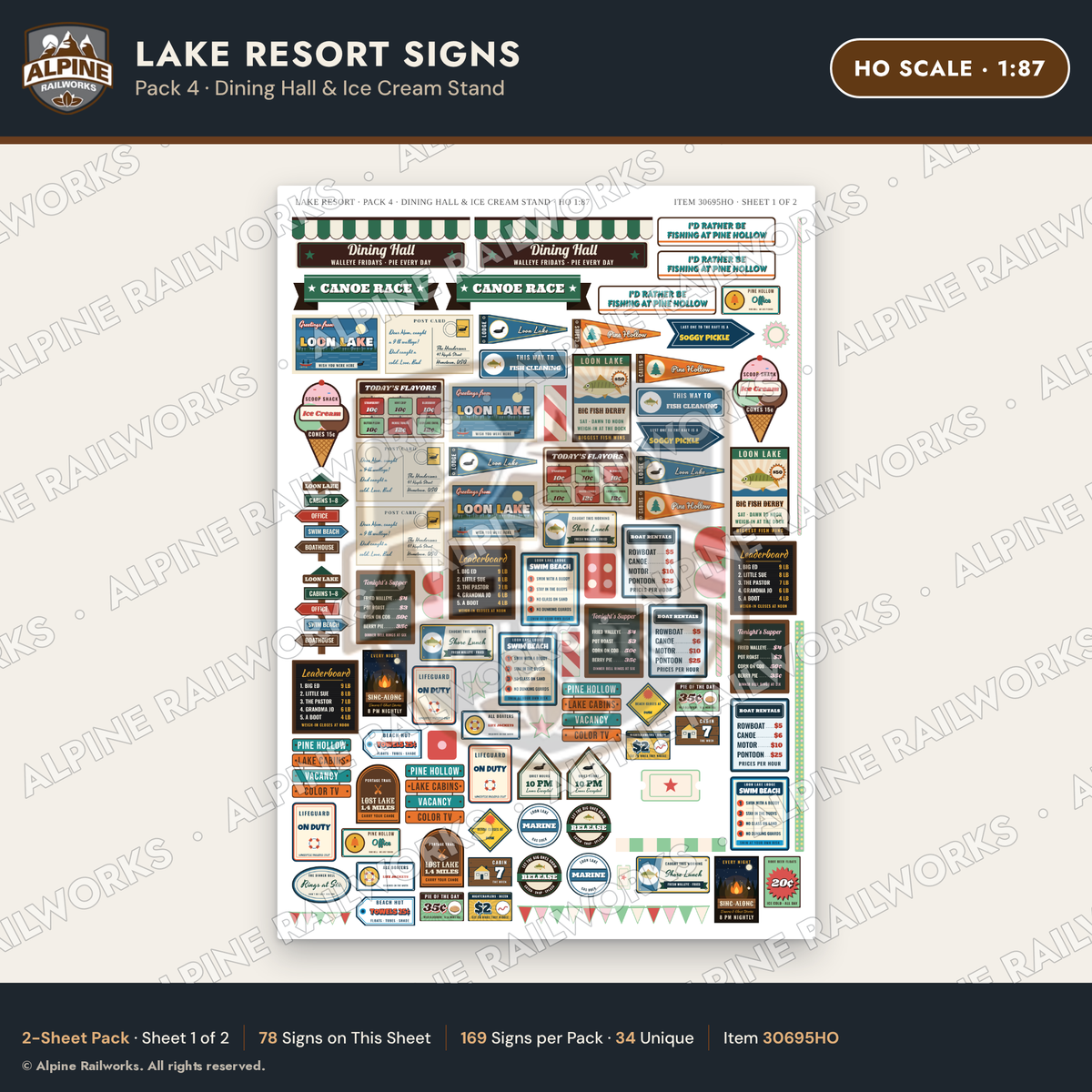 Alpine Railworks 30695HO HO Scale Lake Resort Signs - Dining Hall