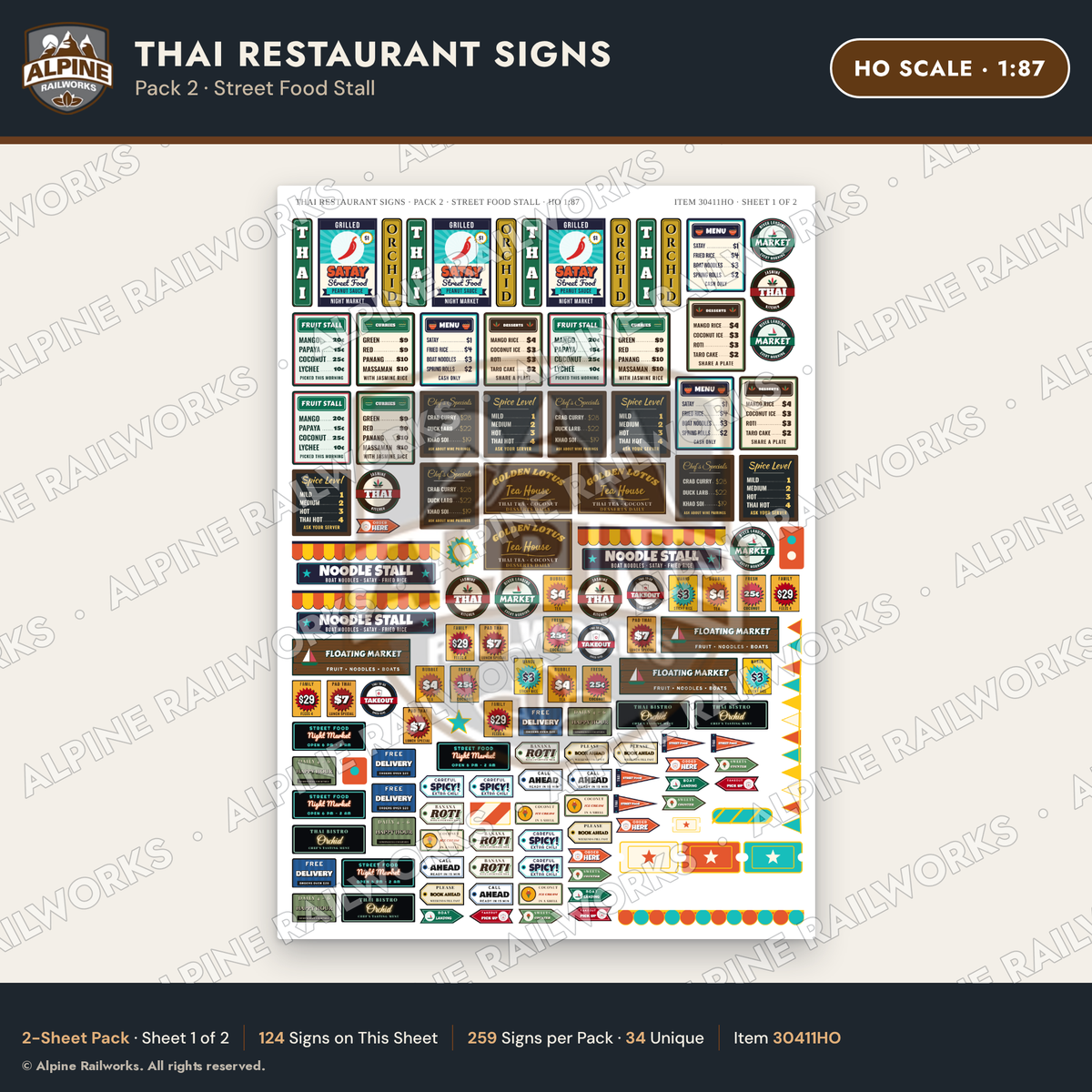 Alpine Railworks 30411HO HO Scale Thai Restaurant Signs