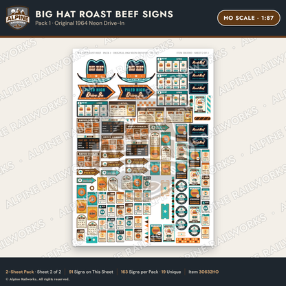Alpine Railworks 30632HO HO Scale Fast Food Signs - Western Roast Beef