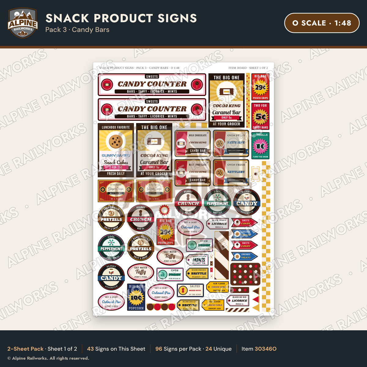 Alpine Railworks 30346O O Scale Snack Product Signs - Candy Bars