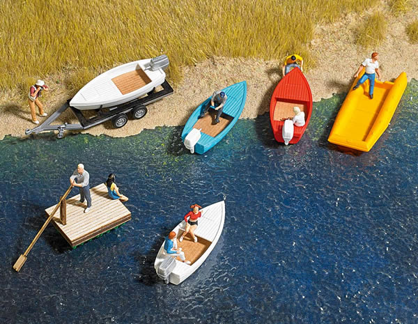 Busch 1157 HO Scale Boat/Raft Set w/Trailer - Kit -- 4 Boats, 1 Raft