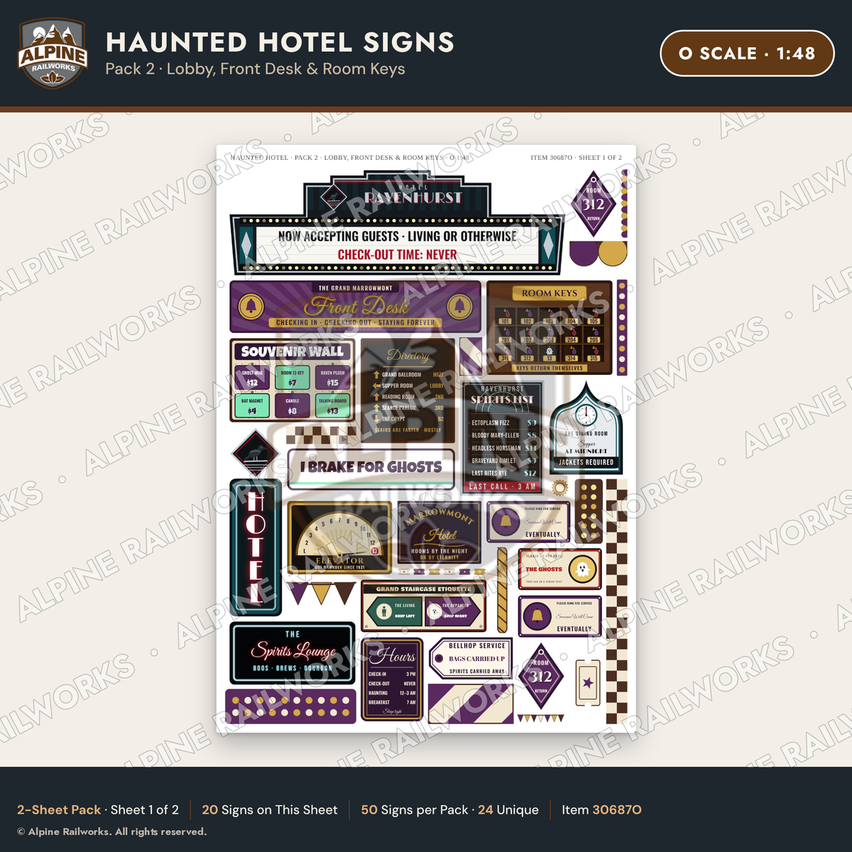 Alpine Railworks 30687O O Scale Haunted Hotel Signs - Lobby