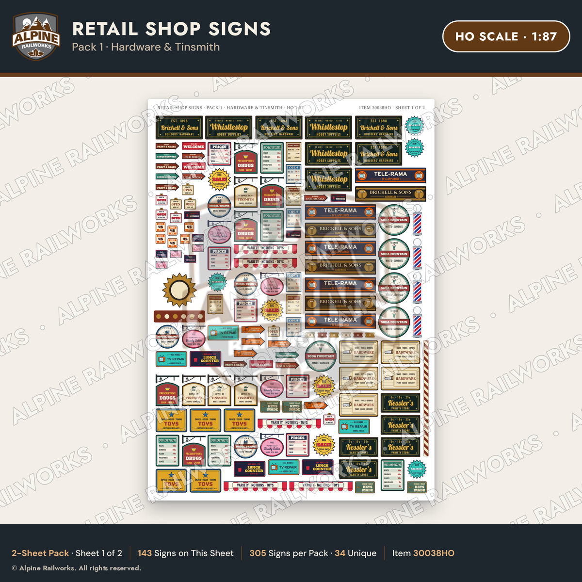 Alpine Railworks 30038HO HO Scale Retail Shop Signs - Hardware