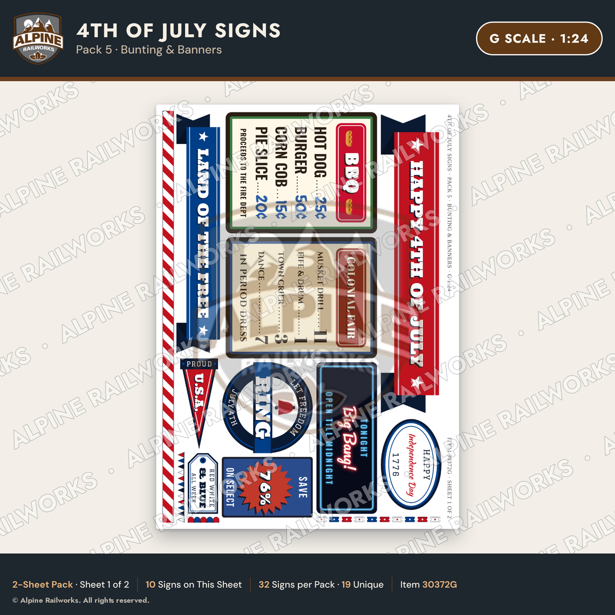 Alpine Railworks 30372G G Scale 4th of July Signs - Bunting & Banners