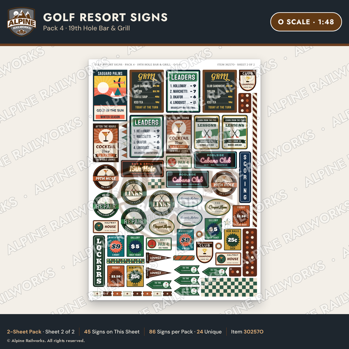 Alpine Railworks 30257O O Scale Golf Resort Signs - 19th Hole Bar