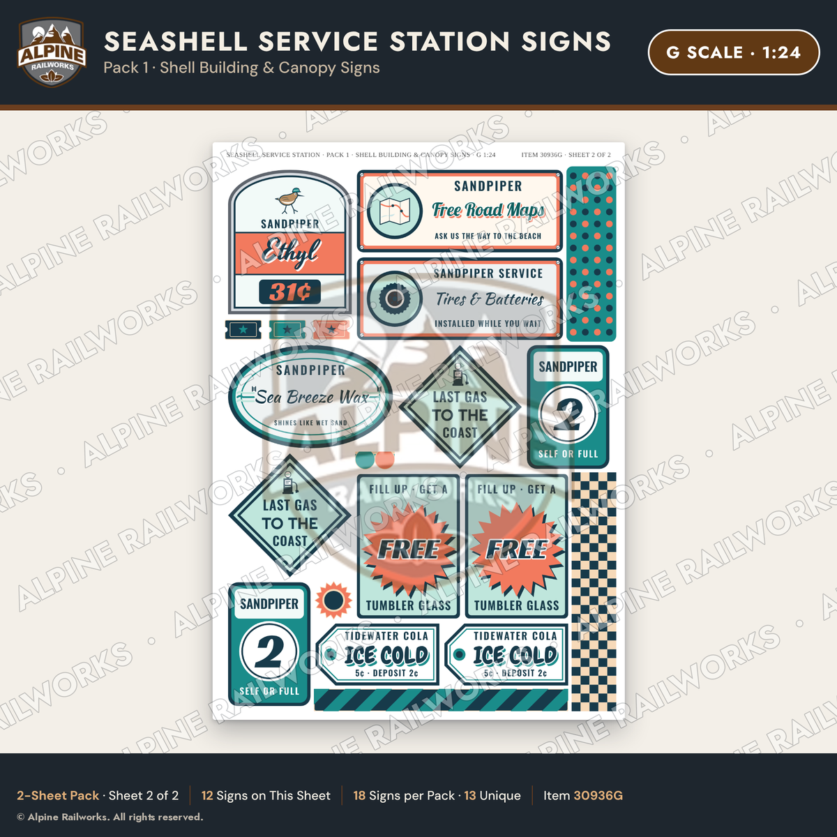 Alpine Railworks 30936G G Scale Roadside Signs - Seashell Gas Station