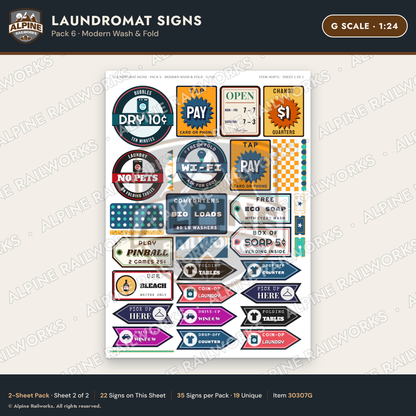 Alpine Railworks 30307G G Scale Laundromat Signs - Modern Wash & Fold