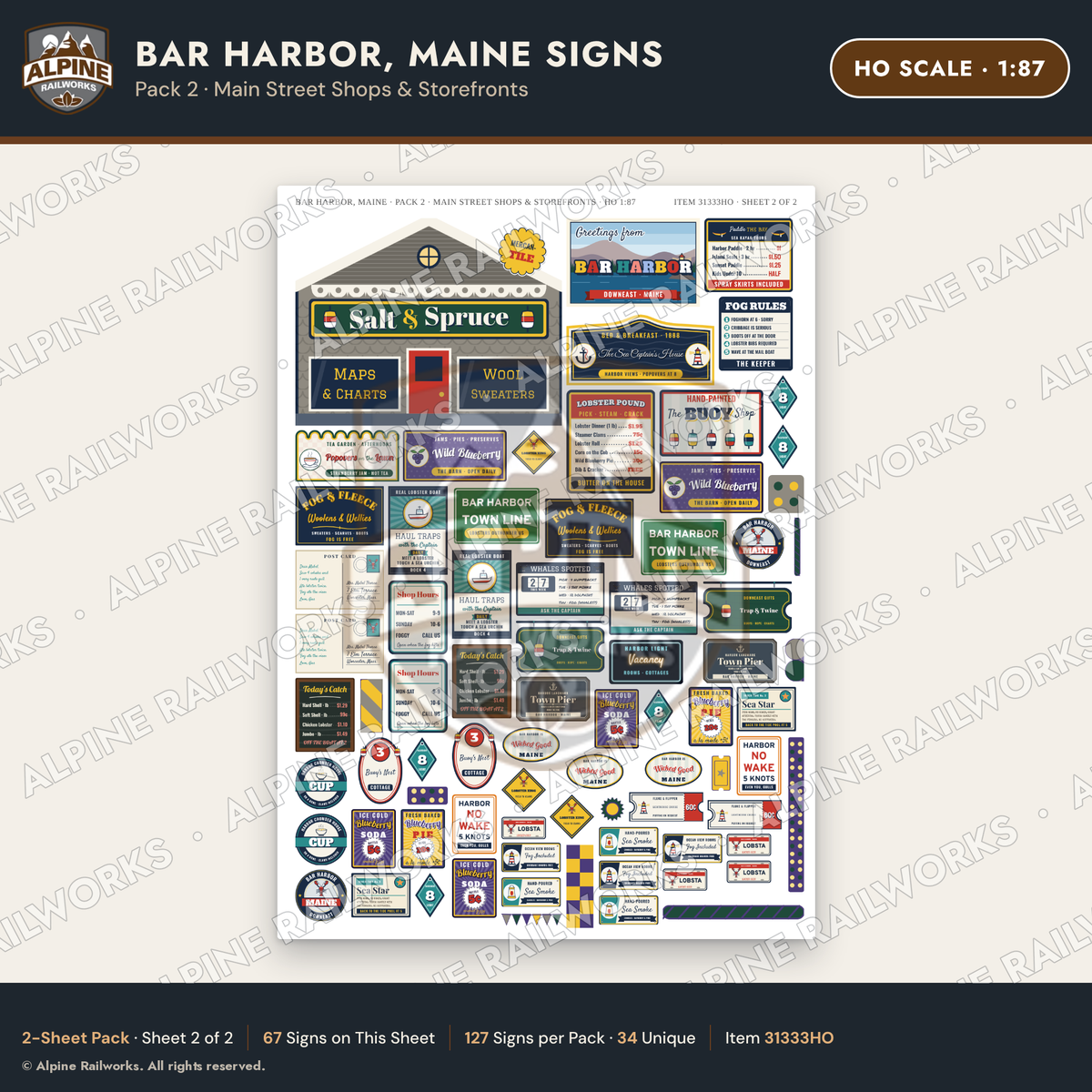 Alpine Railworks 31333HO HO Scale Bar Harbor ME Signs - Shops