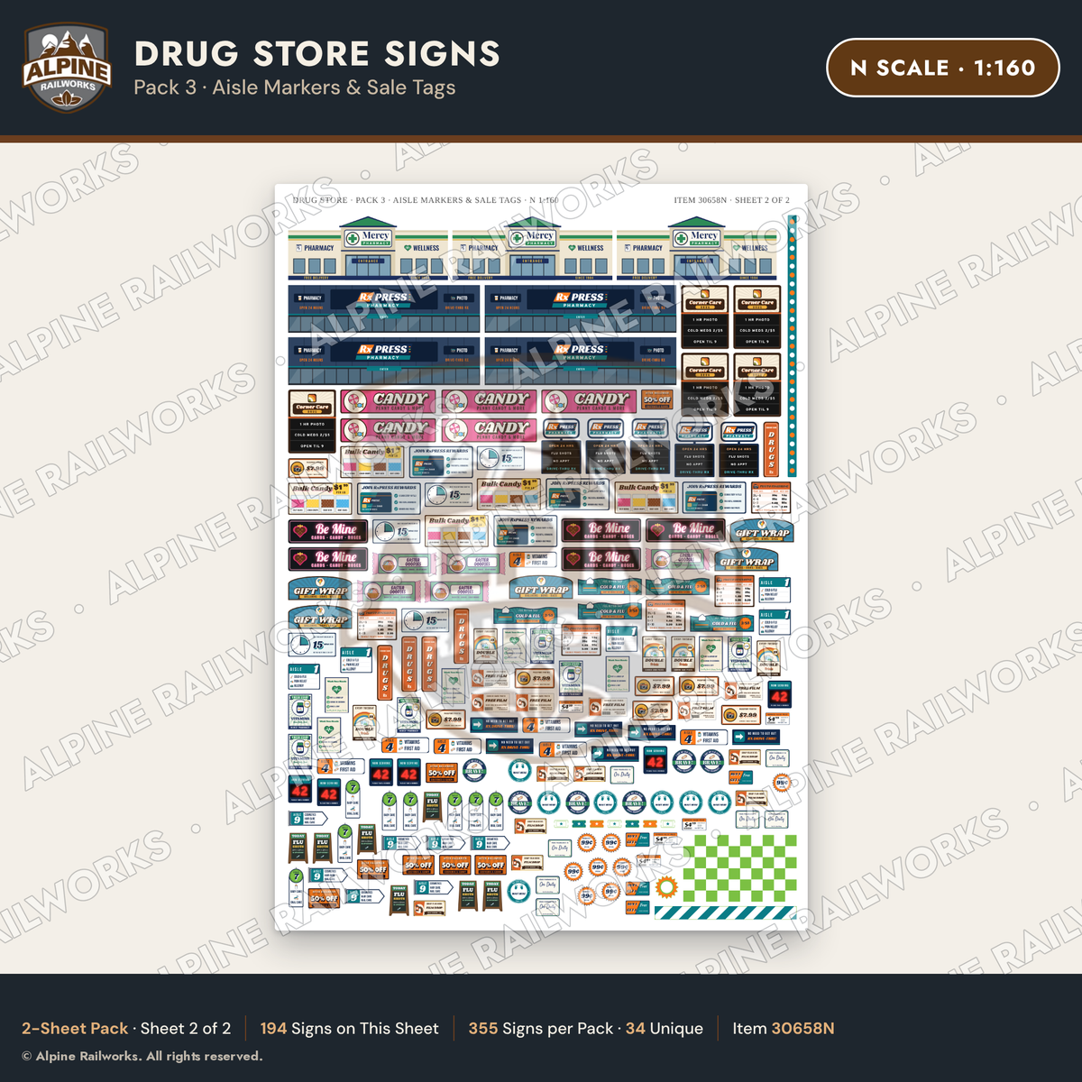 Alpine Railworks 30658N N Scale Drug Store Signs - Aisle Markers