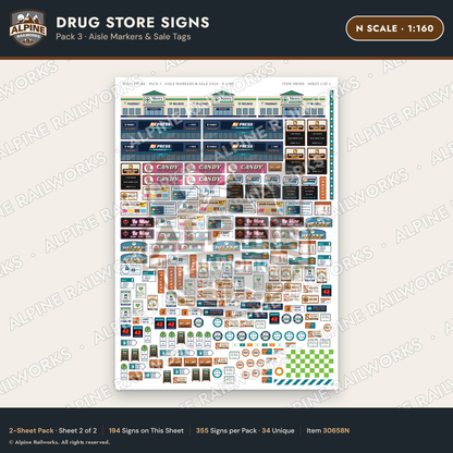 Alpine Railworks 30658N N Scale Drug Store Signs - Aisle Markers