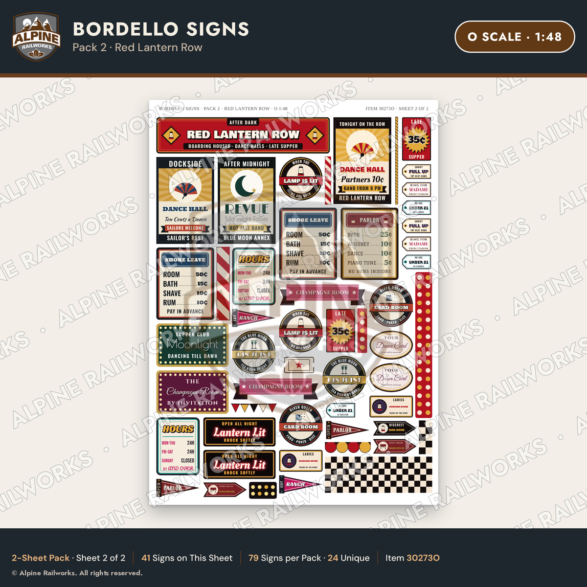 Alpine Railworks 30273O O Scale Bordello Signs - Red Lantern Row