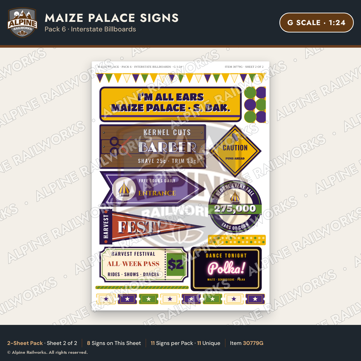 Alpine Railworks 30779G G Scale Roadside Signs - Corn Palace