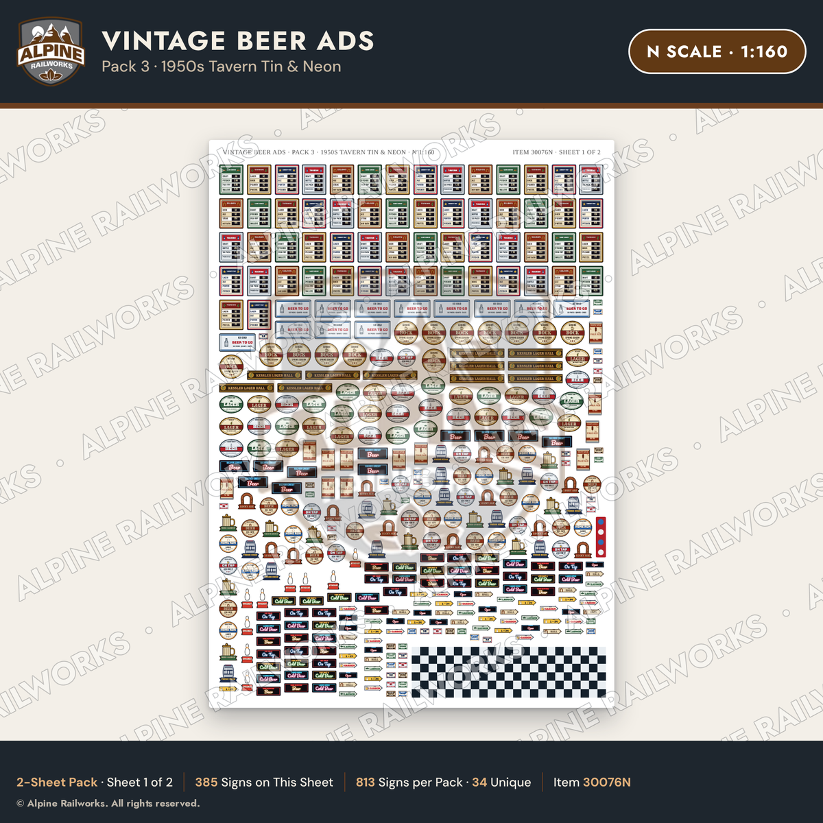 Alpine Railworks 30076N N Scale Vintage Beer Ads - 1950s Tavern Tin
